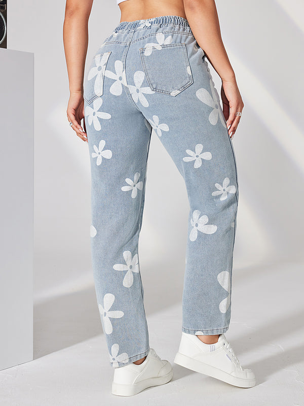 Drawstring Printed High Waisted Wide Leg Jeans