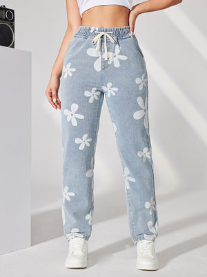 Drawstring Printed High Waisted Wide Leg Jeans