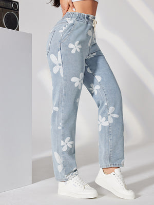 Drawstring Printed High Waisted Wide Leg Jeans