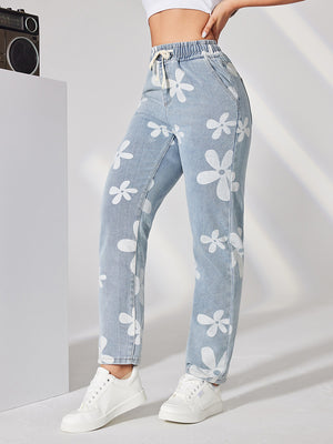 Drawstring Printed High Waisted Wide Leg Jeans