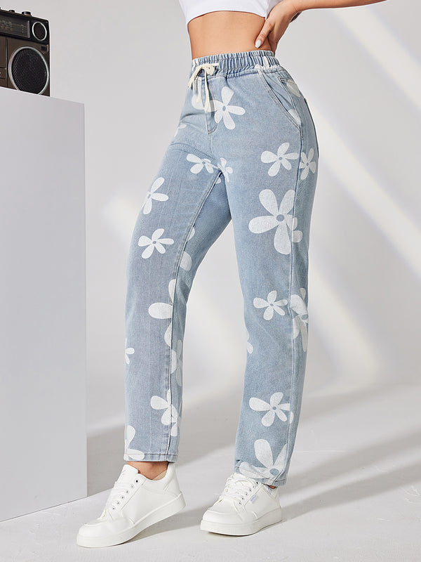 Drawstring Printed High Waisted Wide Leg Jeans