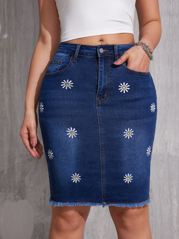 Printed Denim Long Skirt