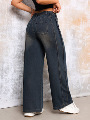 High Street Vintage Dark Blue Jeans New Do Old Side Stripe Denim Wide Leg Pants