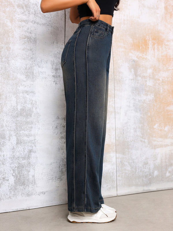 High Street Vintage Dark Blue Jeans New Do Old Side Stripe Denim Wide Leg Pants