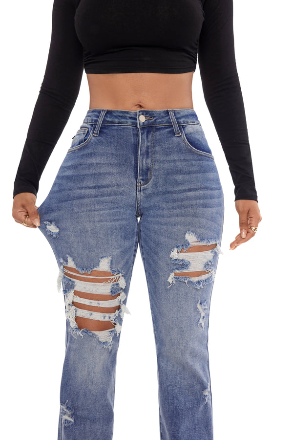 Women Mid Rise Stretch Distressed Slim Fit Casual Straight Leg Denim Jeans -JB8243MD