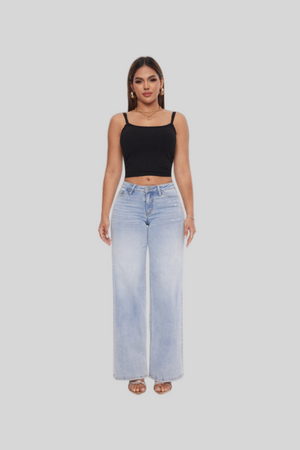 ONESO Mid-Low Rise Baggy Jeans Wide Leg for Women Distressed Pants Stretchy Bottom Lady Basic Comfortable Denim