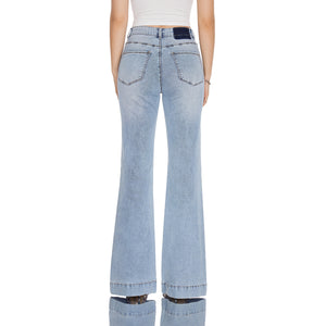 High Rise Flare Denim Jeans With Clean Hem