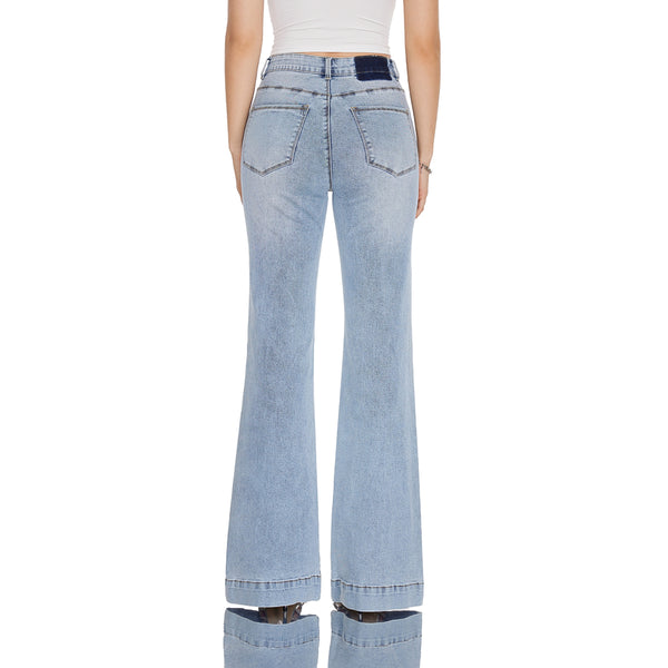 High Rise Flare Denim Jeans With Clean Hem