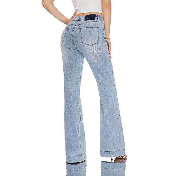 High Rise Flare Denim Jeans With Clean Hem