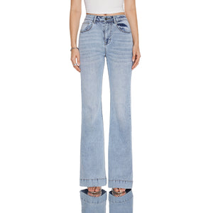 High Rise Flare Denim Jeans With Clean Hem