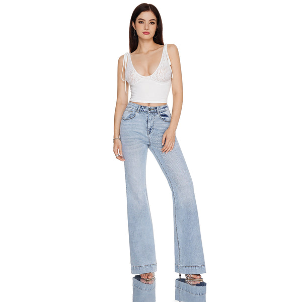 High Rise Flare Denim Jeans With Clean Hem