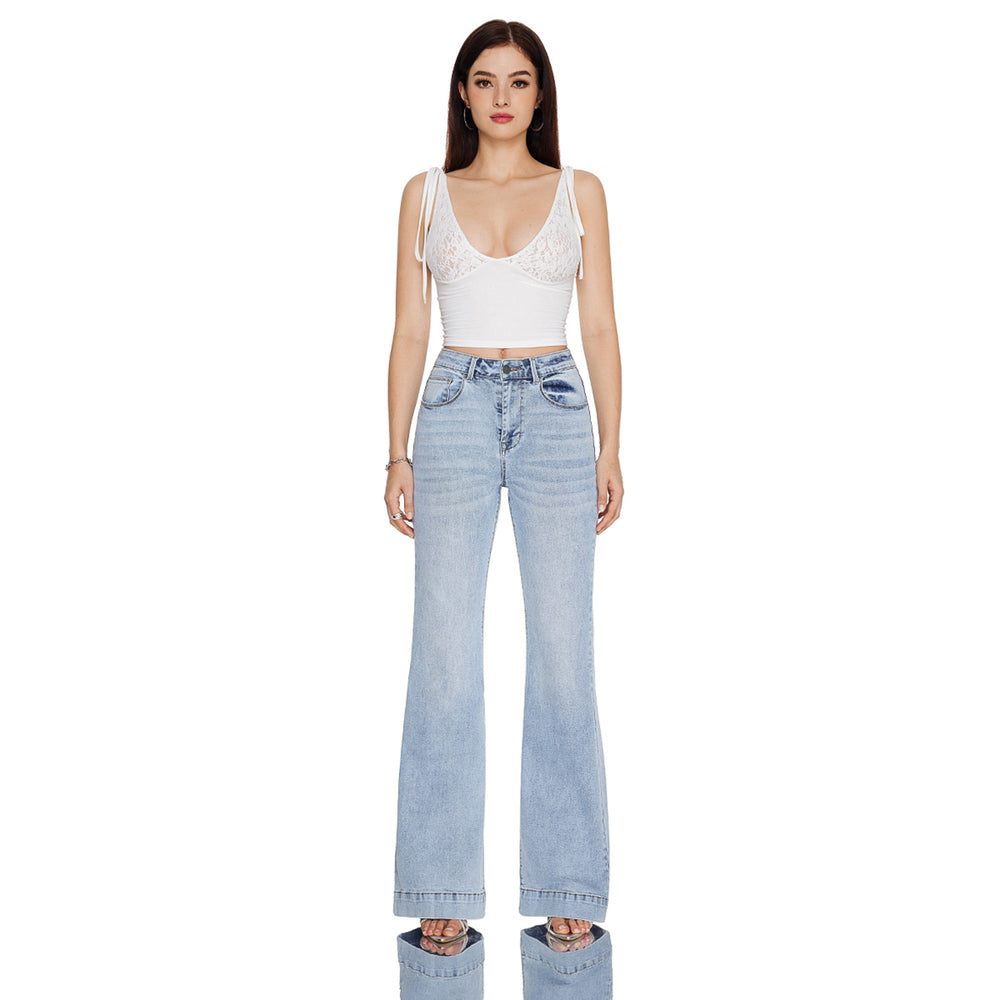 High Rise Flare Denim Jeans With Clean Hem