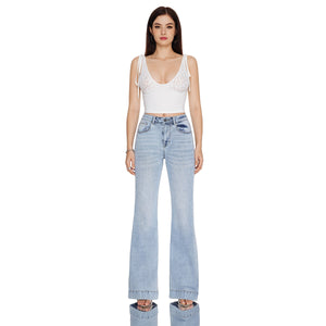 High Rise Flare Denim Jeans With Clean Hem