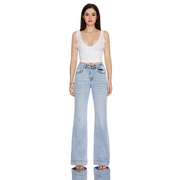 High Rise Flare Denim Jeans With Clean Hem