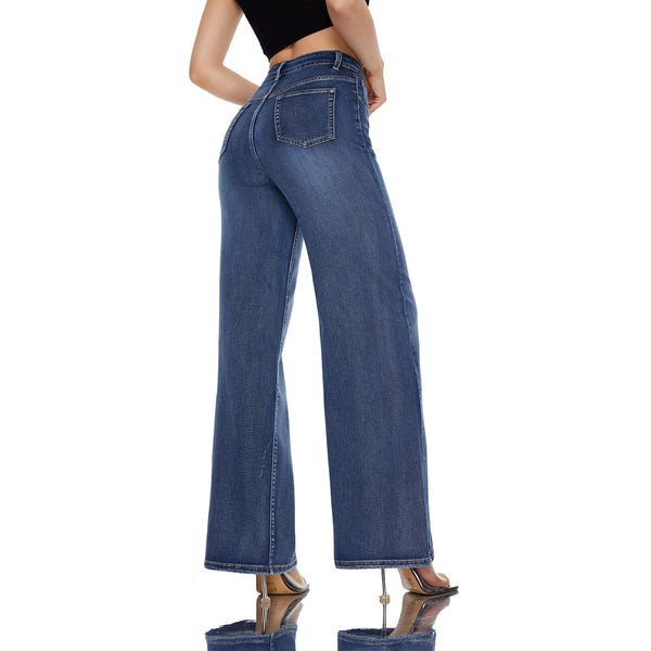 Women High Rise Stretch Straight Leg Baggy Jeans SH25F012