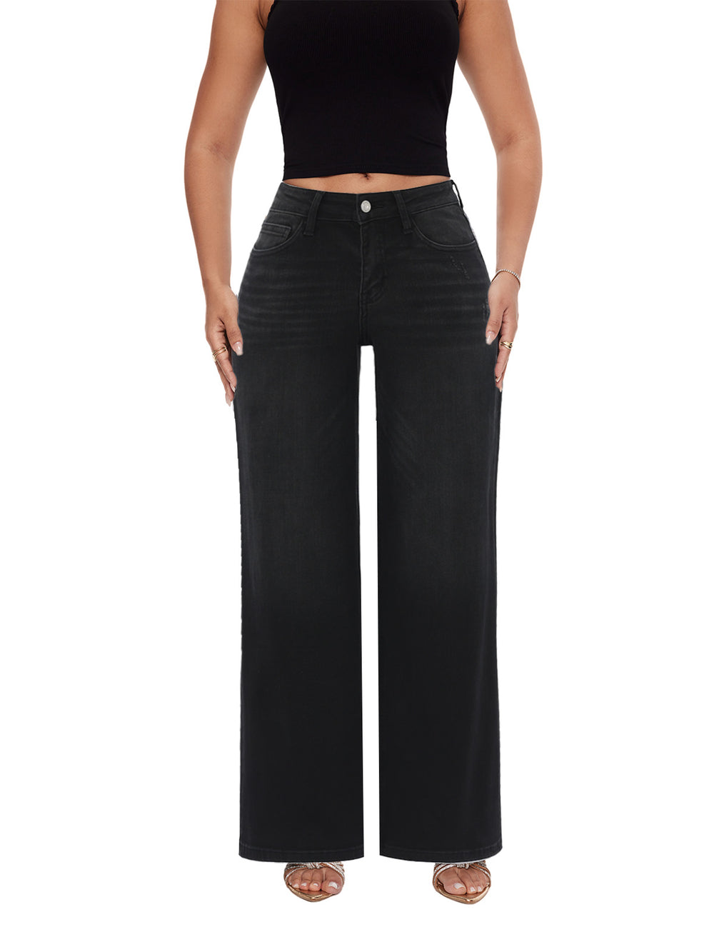 SHAPUM Women's Mid Rise Relaxed Fit Wide Leg Stretch Cuffed Jeans Women's Basic Comfortable Jeans