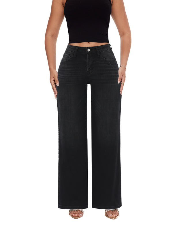 SHAPUM Women's Mid Rise Relaxed Fit Wide Leg Stretch Cuffed BBL Jeans Women's Basic Comfortable Jeans