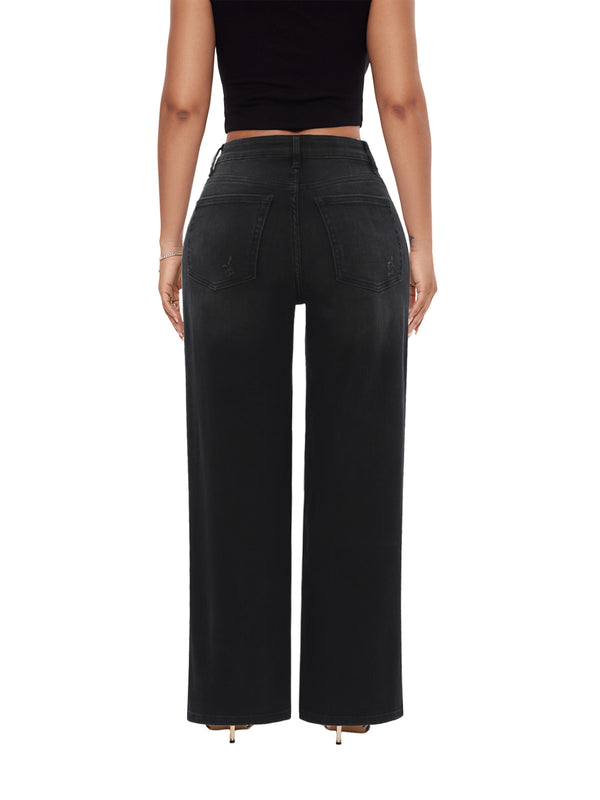 SHAPUM Women's Mid Rise Relaxed Fit Wide Leg Stretch Cuffed Jeans Women's Basic Comfortable Jeans