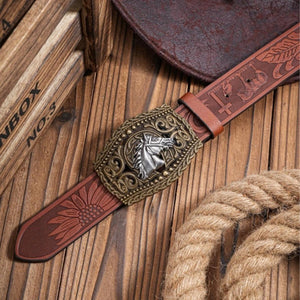 Carved Horse Head Leather Belt Retro Western Cowboy Cowgirl Personality Belt Cross Border Embossed Ethnic Style Unisex