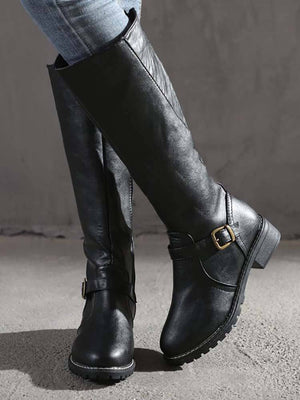 PU Round Toe Knee High Boots