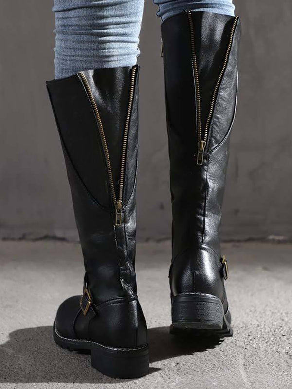 PU Round Toe Knee High Boots