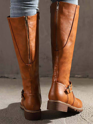 PU Round Toe Knee High Boots