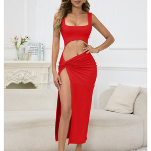 Halter Solid Color Hollow Out Neckline Sexy Dresses