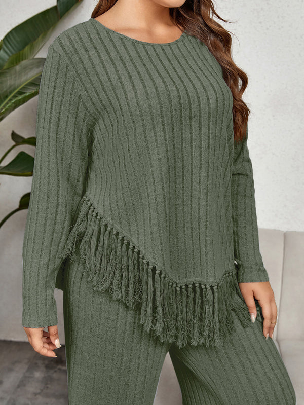 Fringed Long Sleeve Top Loose Wide Leg Pants Set