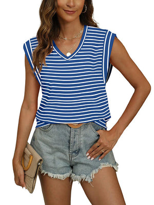 V Neck Cap Sleeve Striped Top