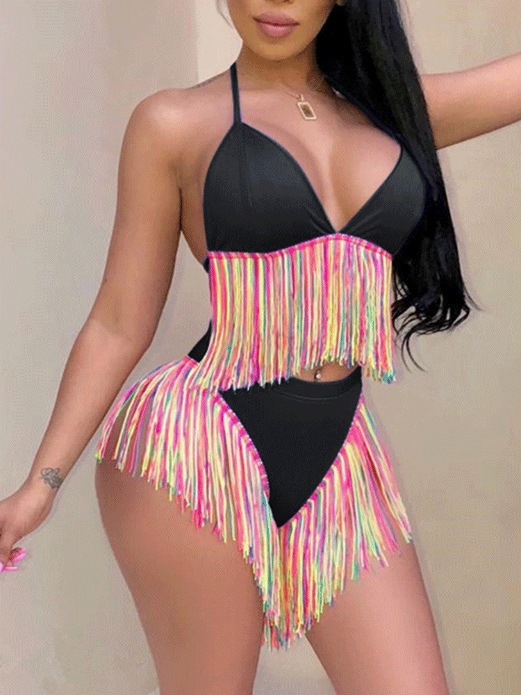 Multicolor Fringe Halter Bikini