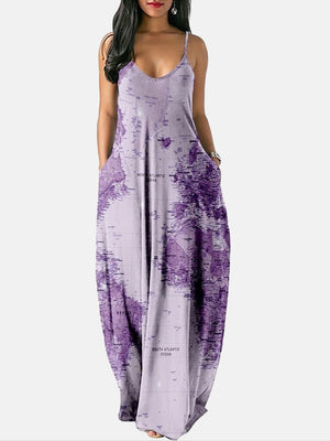 Casual Map Print Spaghetti Strap Maxi Dress