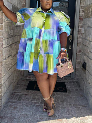 Tie Dye Ruffled Shirt Dress