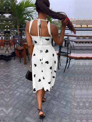 Heart Printed Drawstring Ruched Midi Dress