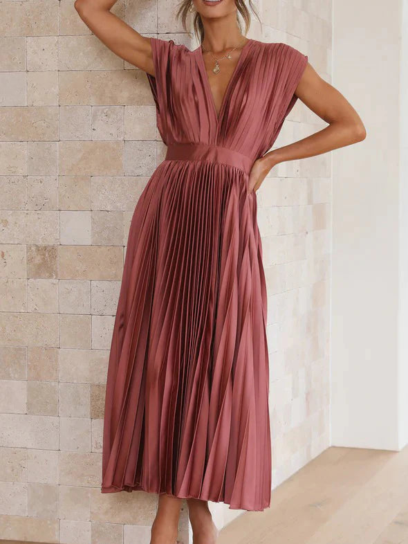 Sleeveless V Neck Pleated Maxi Dress