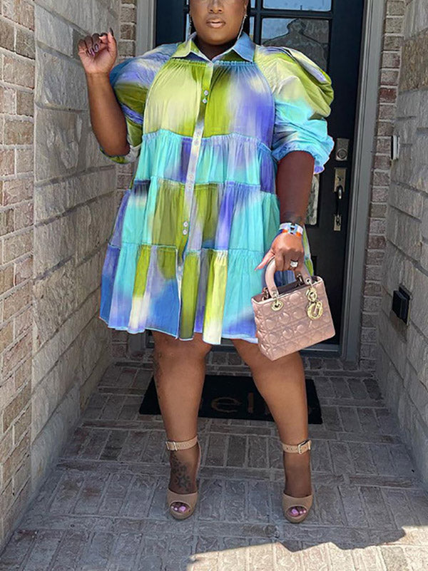 Tie Dye Ruffled Shirt Dress