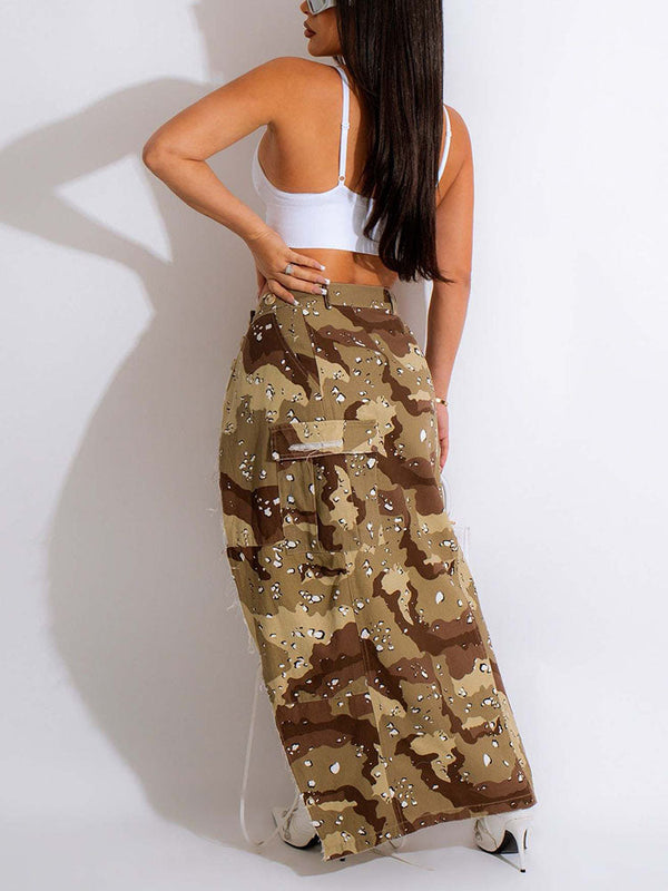 Camo Denim Button High Split Skirt