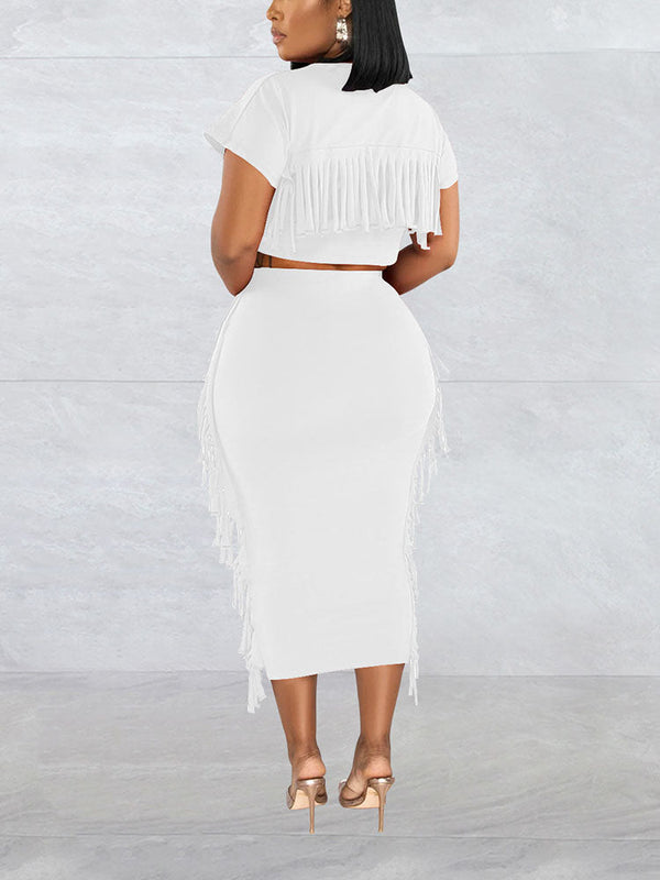 Fringe Crop Top Skirt Set