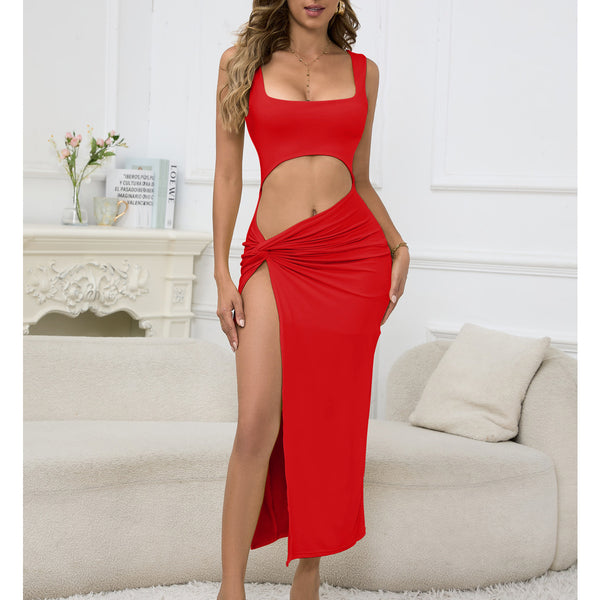 Halter Solid Color Hollow Out Neckline Sexy Dresses