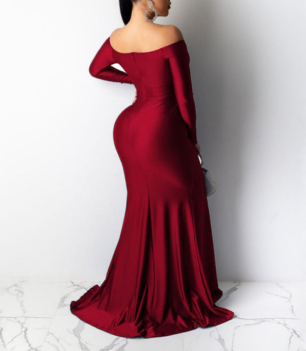 Long Sleeve Off Shoulder Split Maxi Dresses