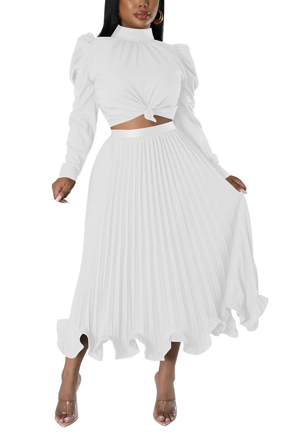 Two Piece Set Of Pleated Skirt With Ruffled Edges