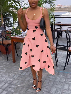 Heart Printed Drawstring Ruched Midi Dress