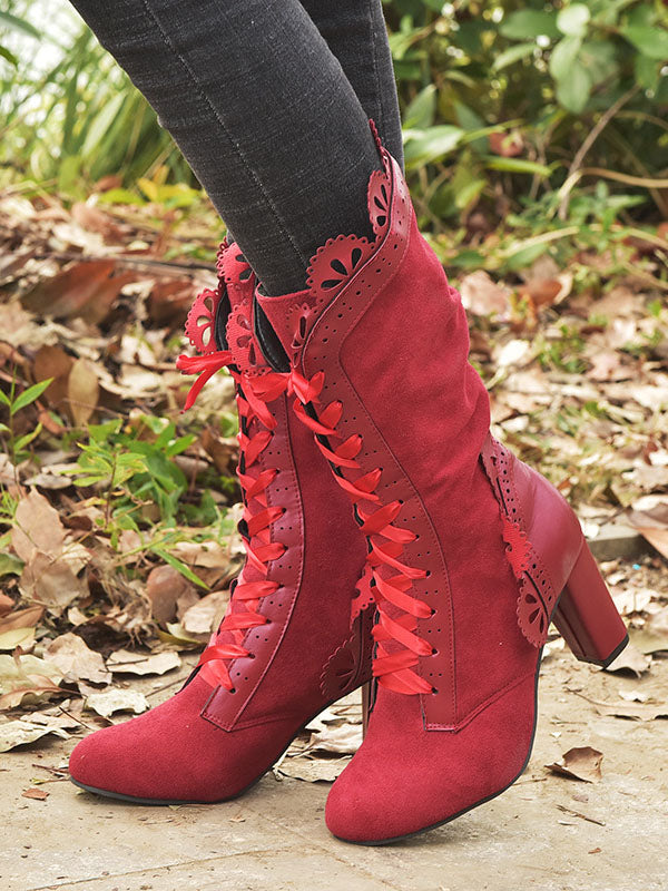 Chunky Heel Lace Up Mid Calf Boot