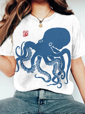 Octopus Japanese Lino Art Vintage Print T-shirt