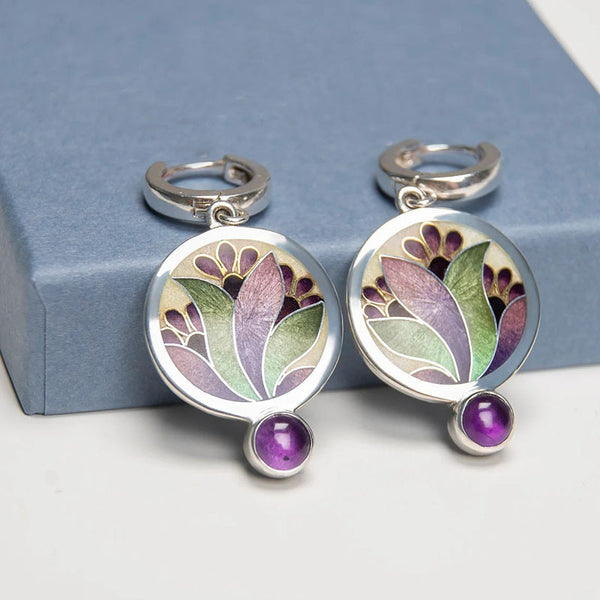 Boho Earrings with Purple Crystals in Sterling Silver