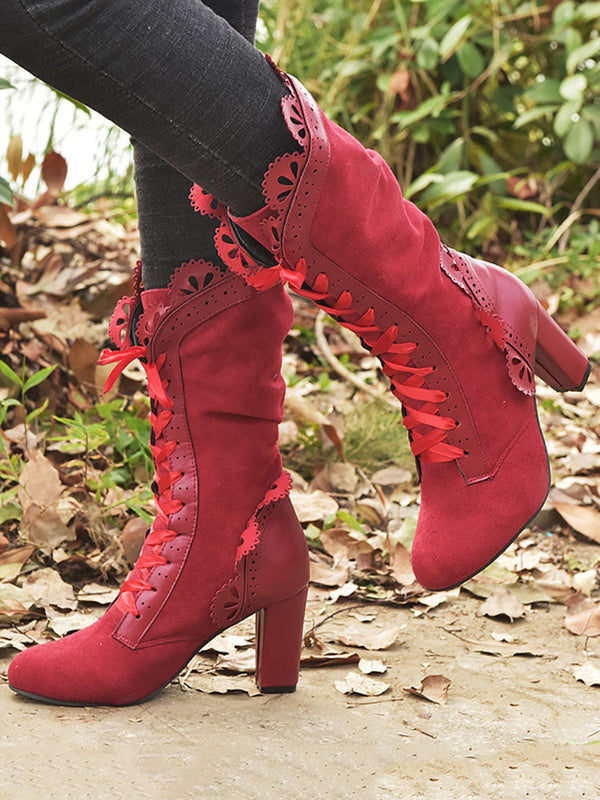 Chunky Heel Lace Up Mid Calf Boot