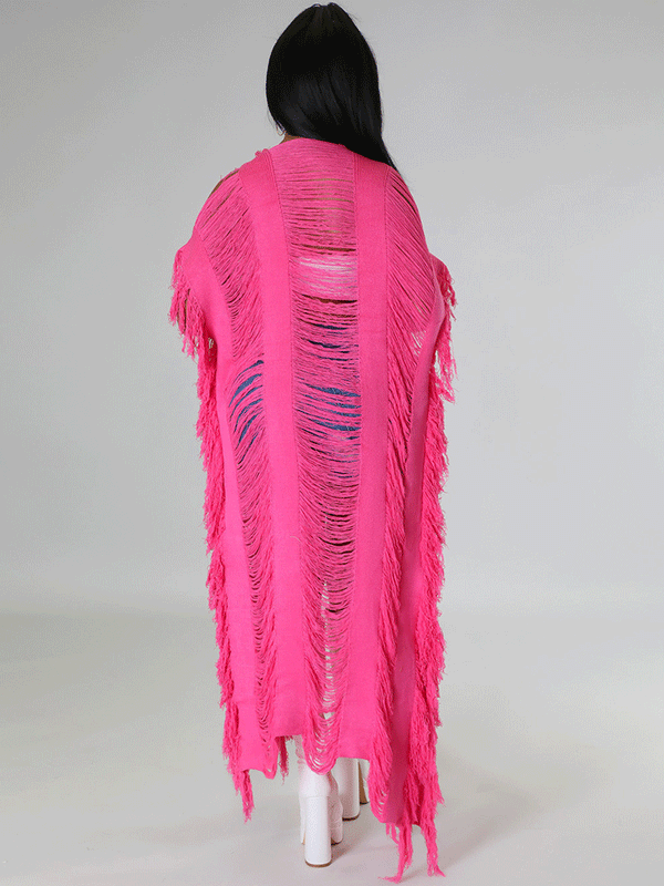 Knitted Tassels Ripped Long Cardigan