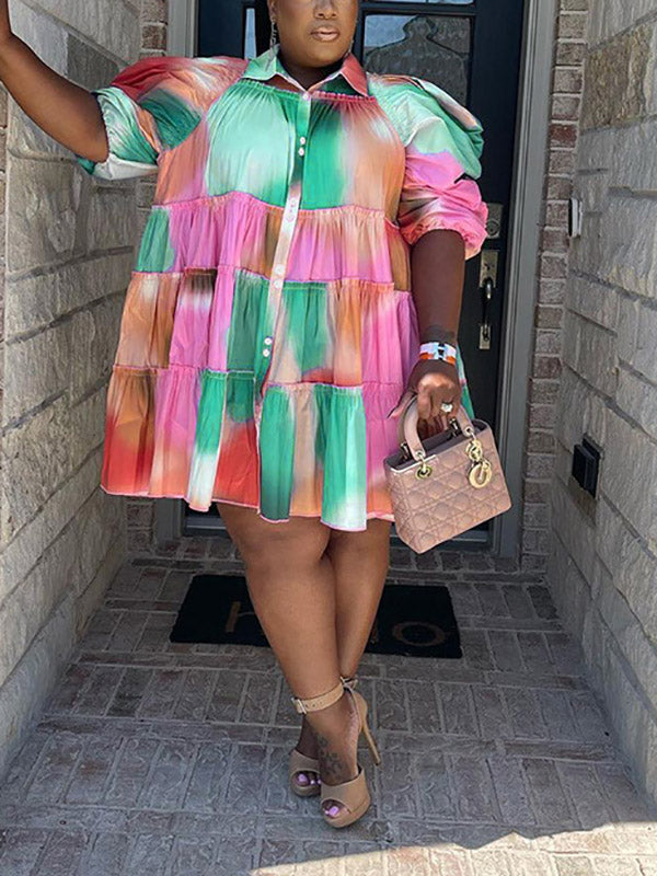 Tie Dye Ruffled Shirt Dress