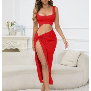 Halter Solid Color Hollow Out Neckline Sexy Dresses