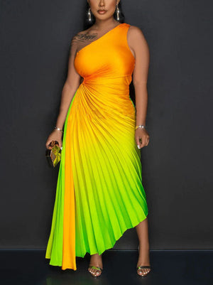 Ombre One Shoulder Pleated Dress