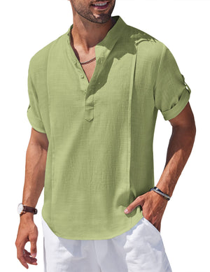 Men's Linen Cotton Henley Shirt Casual Beach Hippie Shirts Short Sleeve T Shirts